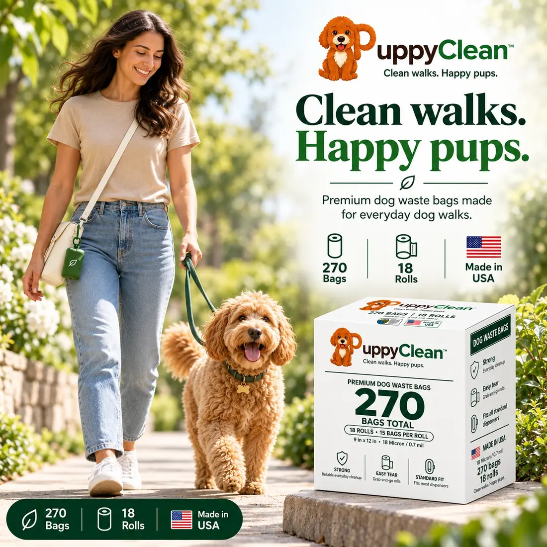 PuppyClean premium dog waste bags with a dog walker, 270-count product box, and Made in USA callout